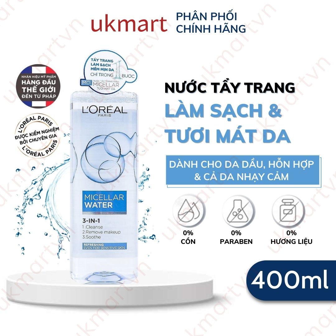 Nước Tẩy Trang L'Oreal Paris Cho Mọi Loại Da 3-in-1 Loreal Micellar Water Da Dầu Da Nhạy Cảm Da Khô