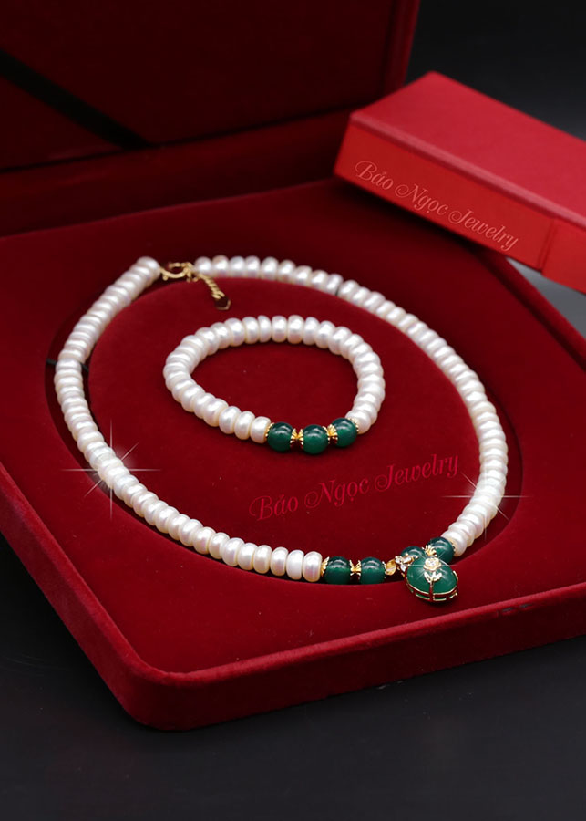 Bộ Chuỗi Ngọc Trai Làm Quà Tặng Đá Mã Não Xanh Sang Trọng - BNJ1308 - Bảo Ngọc Jewelry