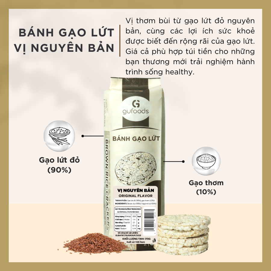 Bánh gạo lứt GUfoods (170g) - Không chiên dầu, Không đường, Từ gạo và ngũ cốc nguyên hạt, Lành mạnh, Phù hợp Eat clean, Ăn vặt healthy, Thực dưỡng, Tập gym, Thuần chay, Đa dạng hương vị