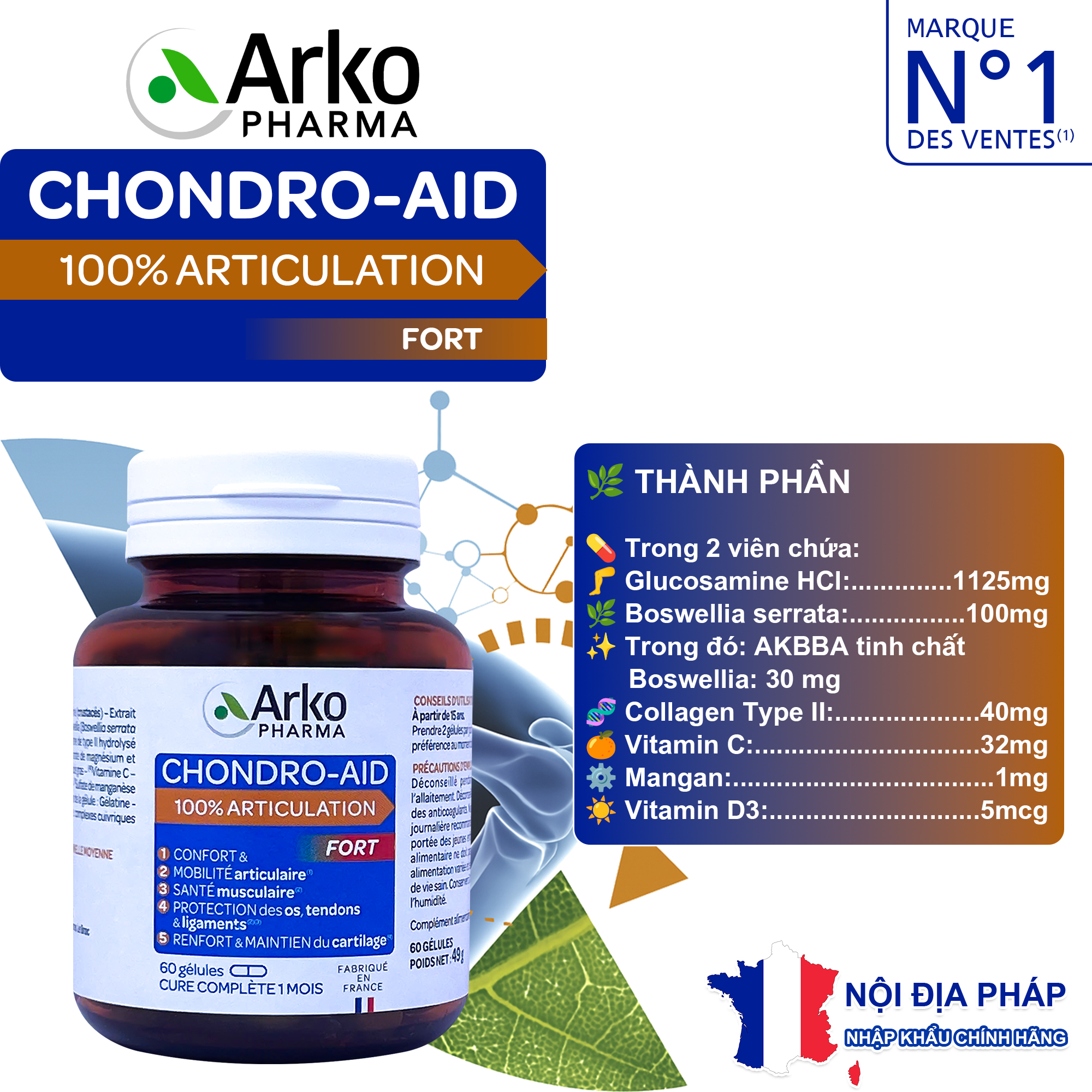 chondro-aid-arkopharma-hop-60-vien-glucosamine-collagen-type-2-va-boswellia-ho-tro-khop-khoe-manh