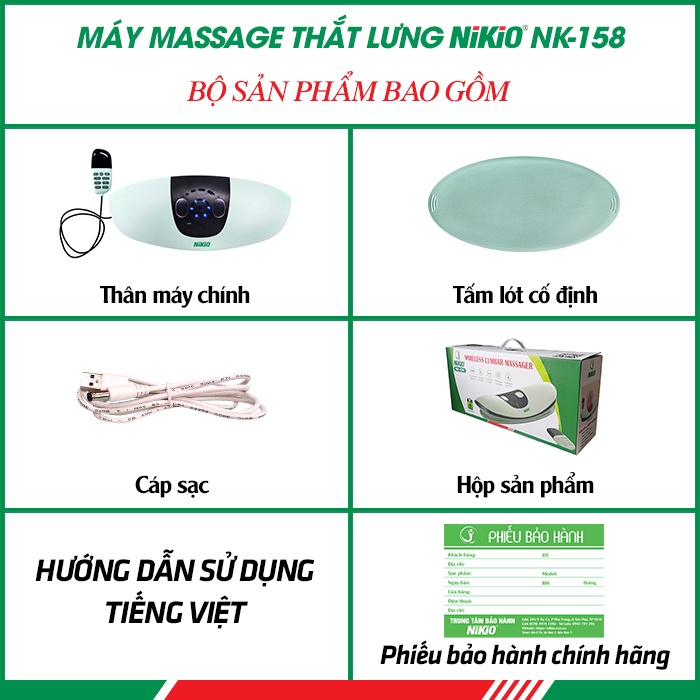 Máy Massage Lưng Và Thắt Lưng Nikio NK-158 - Công Nghệ Mát Xa Cải Tiến 4in1: Nhiệt Nóng, Xung Điện, Rung, Túi Khí - Hỗ Trợ Điều Trị Thoát Vị Đĩa Đệm, Thoái Hóa, Đau Cột Sống Lưng - Dòng Không Dây Pin Sạc, Có Remote Điều Khiển