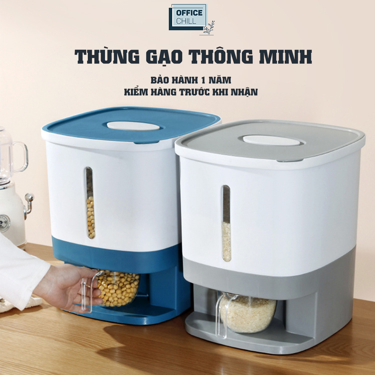 Thùng Gạo Thông Minh Tự Động 10Kg OFFICE CHILL, Thùng Đựng Gạo, Thực Phẩm Vật Liệu Nhựa An Toàn Cho Sức Khỏe Bảo Hành 1 Năm