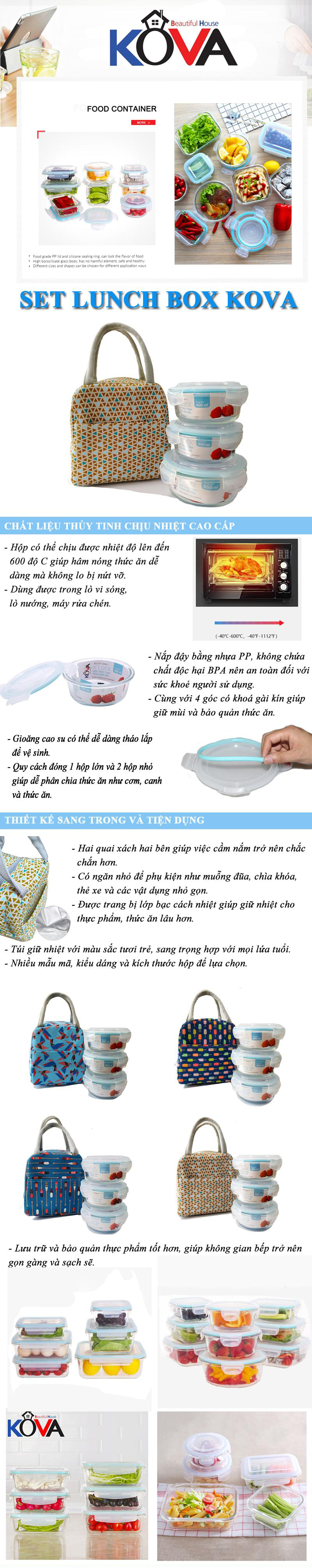 Bộ 3 Hộp Thủy Tinh Chịu Nhiệt KOVA (370ml + 640mlx2) Kèm Túi Giữ Nhiệt