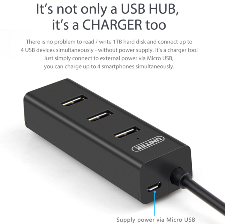 Hub Chia USB 4 Cổng Chuẩn 3.0 Unitek Y-3089 Tích Hơp Chức Năng Sạc - Hàng Nhập Khẩu