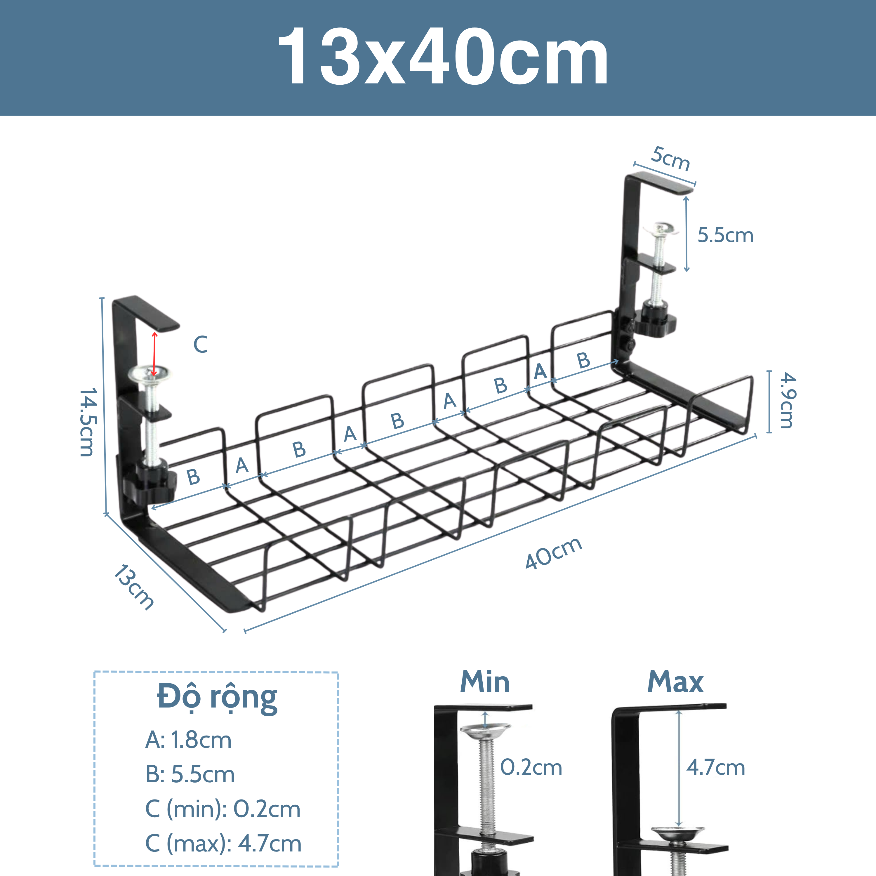 Khay đỡ ổ điện dây điện gắn dưới bàn kệ bằng kim loại thép không cần đục lỗ 40x16x15cm Legaxi