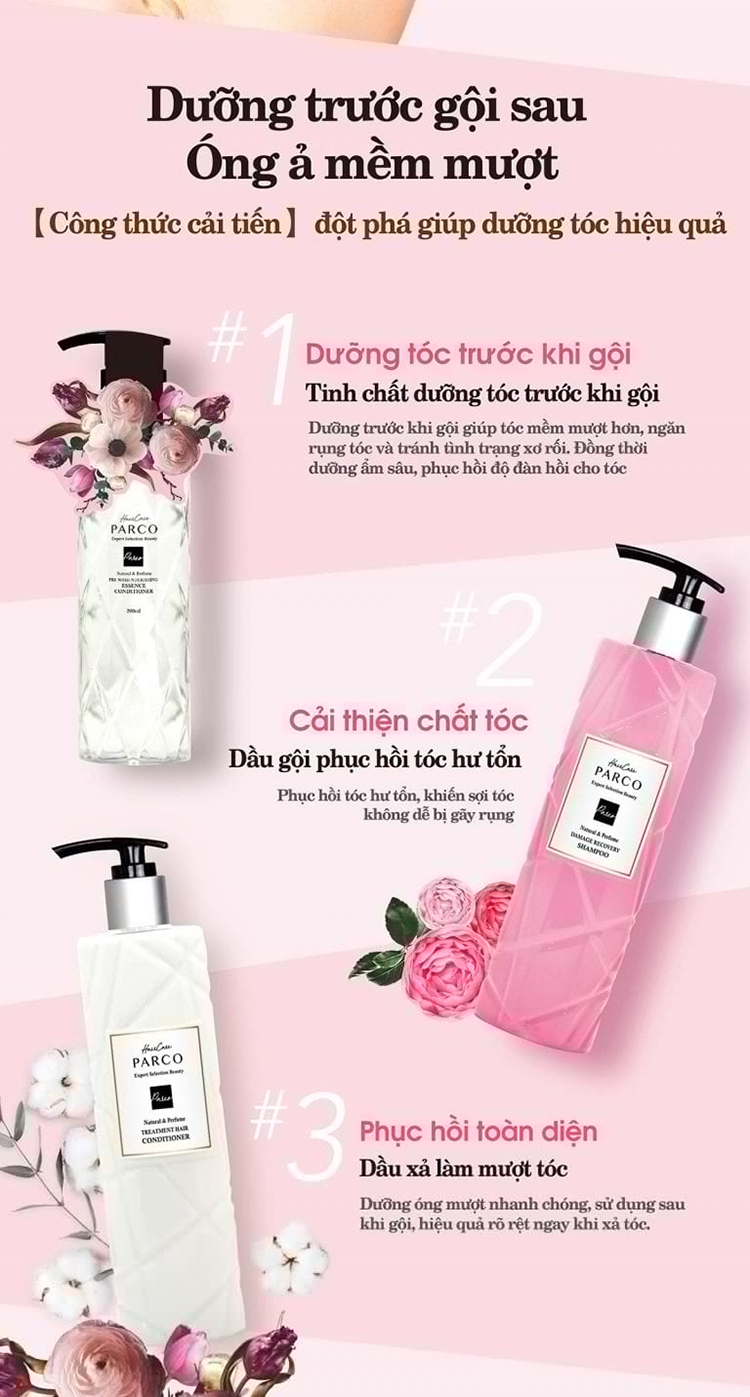 Combo Dầu Gội (Hồng) + Tinh chất +Dầu Xả Parco Dưỡng Tóc Chắc Khỏe-Phục hồi mềm mượt