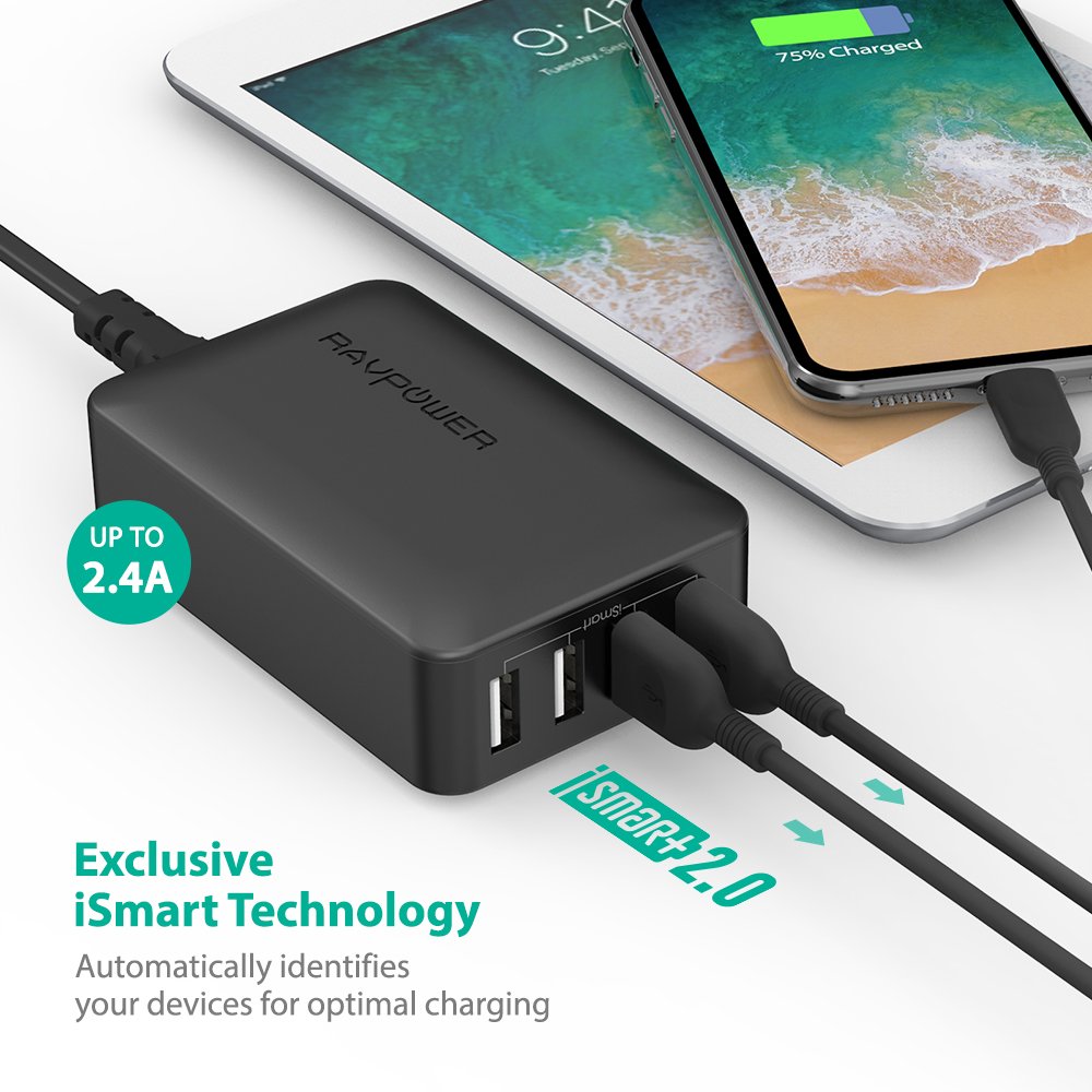 Adapter Sạc 4 Cổng 40W RAVPower RP-PC023 - Hàng Chính Hãng