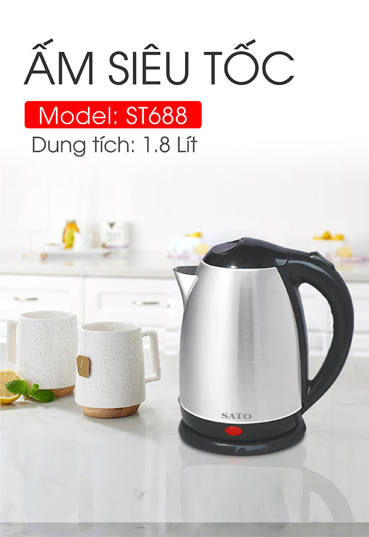 Ấm siêu tốc inox SATO ST688 1.8L Ấm siêu tốc inox SATO ST688 1.8L
