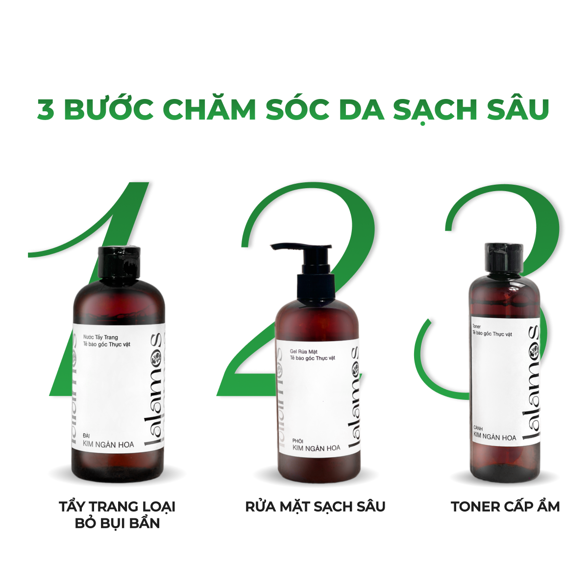 Bộ sản phẩm Lalamos 3 bước: Tẩy trang, rửa mặt, toner. Giải pháp hoàn hảo cho làn da sạch khỏe, rạng rỡ. #lalamos #chamsocda #3buoc #taytang #ruamat #toner #kimnganhoa