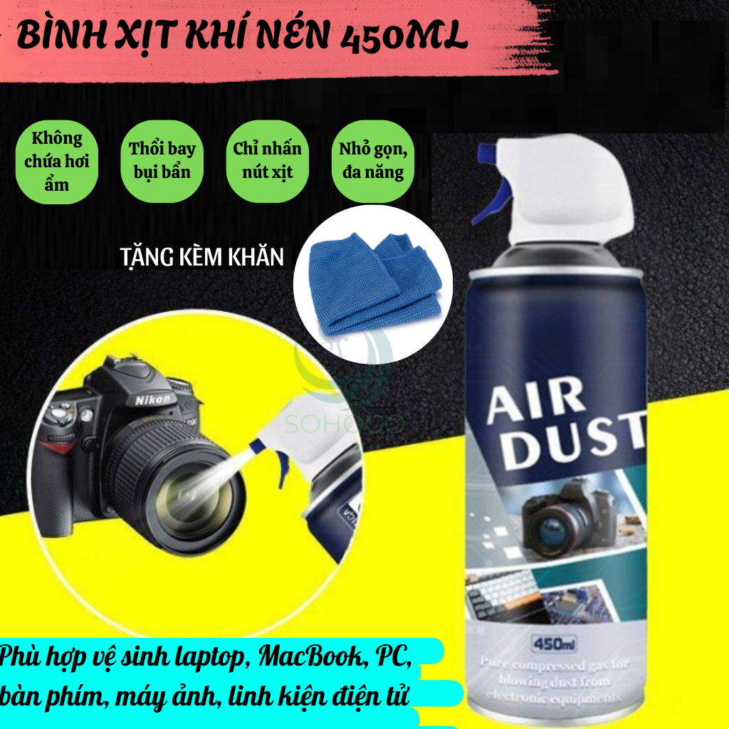 [KÈM KHĂN]-Bình xịt vệ sinh máy ảnh, bàn phím, bo mạch máy tính 450ML- Bình xịt khí nén đa năng dùng cho máy quay, ống kính, điện thoại.-Hàng nhập khẩu