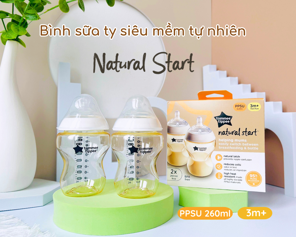 Bình Sữa PPSU Ty Siêu Mềm Tự Nhiên Tommee Tippee Natural Start 260ml, Núm Ty Của Bình 3-6 tháng (Bình Đôi)