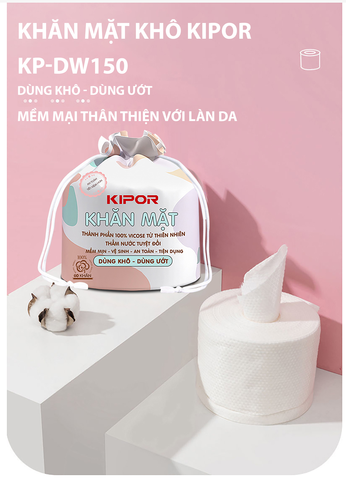 Khăn mặt khô KIPOR dùng 1 lần lau khô, lau ướt - 60 khăn/cuộn, kích thước 20x20cm - Hàng chính hãng