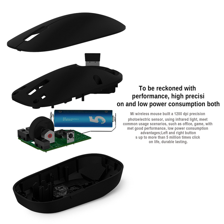 Original XIAOMI Wireless Mouse 2.4GHz 1200DPI Portable Photoelectricity Gaming Office Mouse Ergonomic Design for Macbook Windows Computer - Black