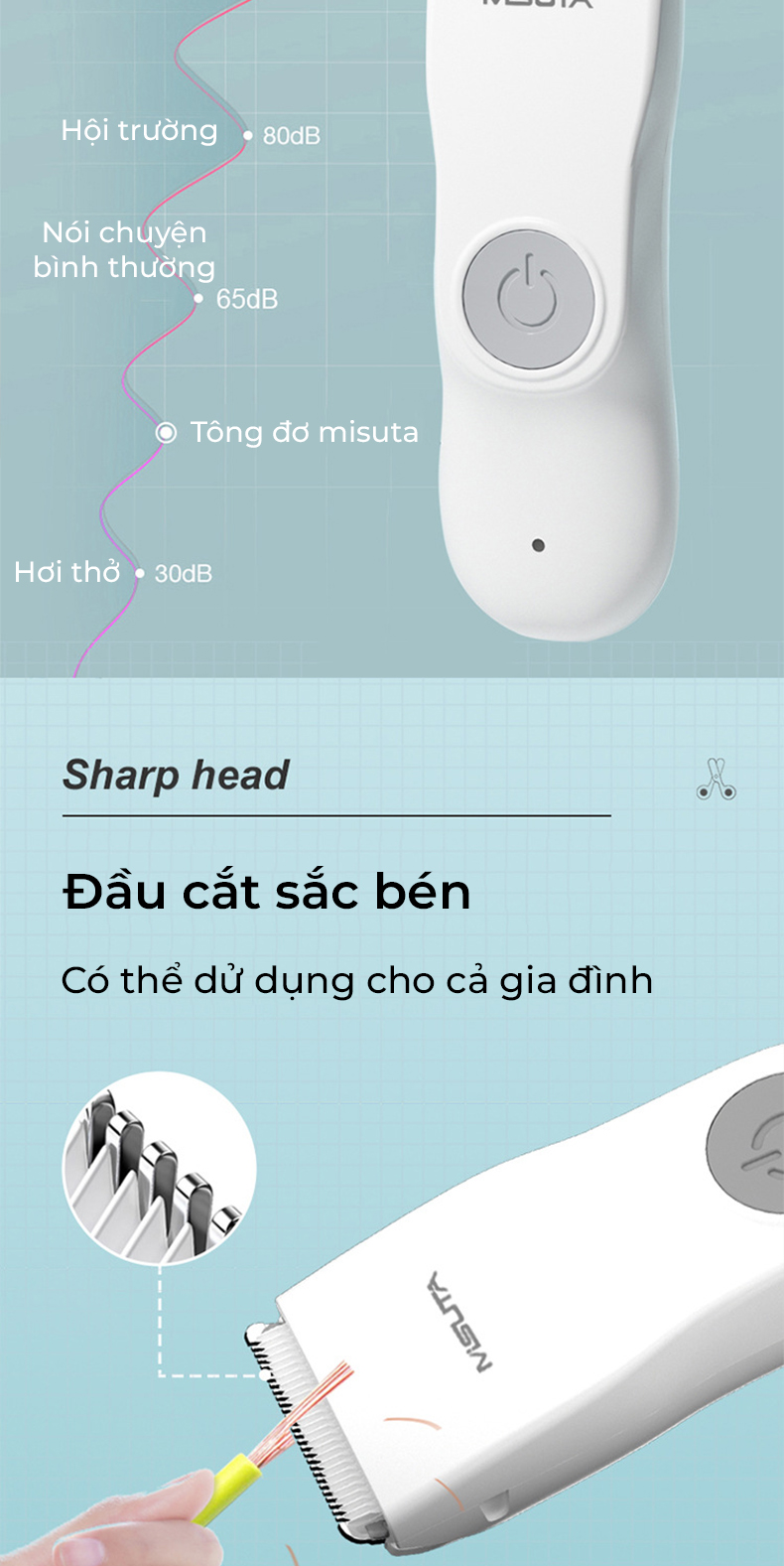 Tông đơ cắt tóc cho bé Misuta NS-M01, tặng kèm áo choàng cắt tóc cho bé, sạc 1h dùng 10 lần kèm bộ phụ kiện 9 món - Hàng chính hãng