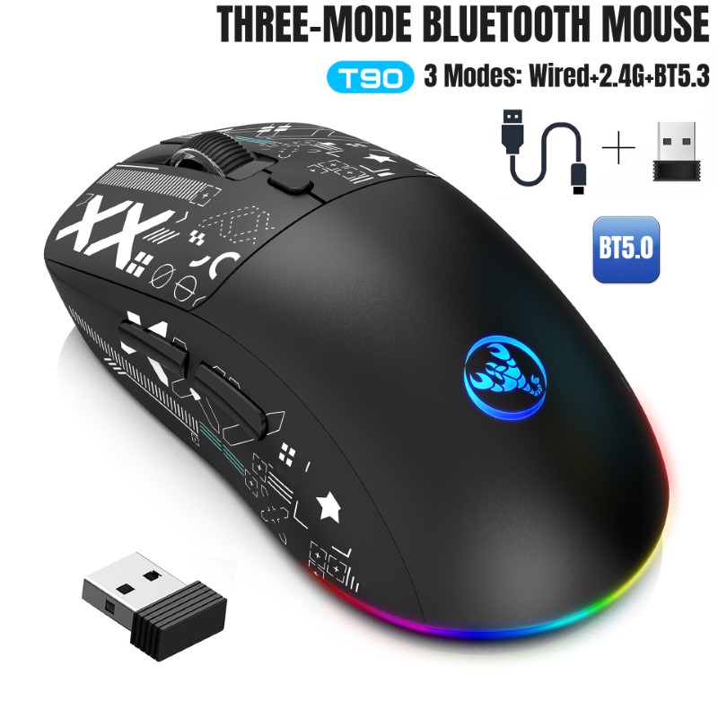Chuột Led RGB Không Dây chống ồn T90 đa kết nối Bluetooth 5.3 + Usb 2.4 + Cáp 3600Dpi Pin Sạc TypeC hàng nhập khẩu