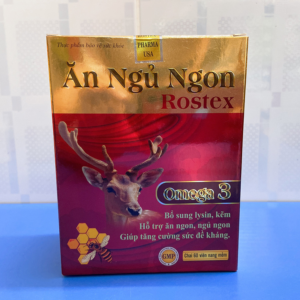 Viên Ăn Ngủ Ngon Rostex loại bỏ mất ngủ, căng thẳng, stress - Chai 60 viên bổ sung omega 3, lysin, kẽm