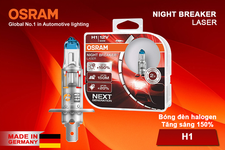 Bóng Đèn Xe Hơi/ Ô tô Halogen Tăng Sáng 150% OSRAM NIGHT BREAKER LASER H1 12V 55W