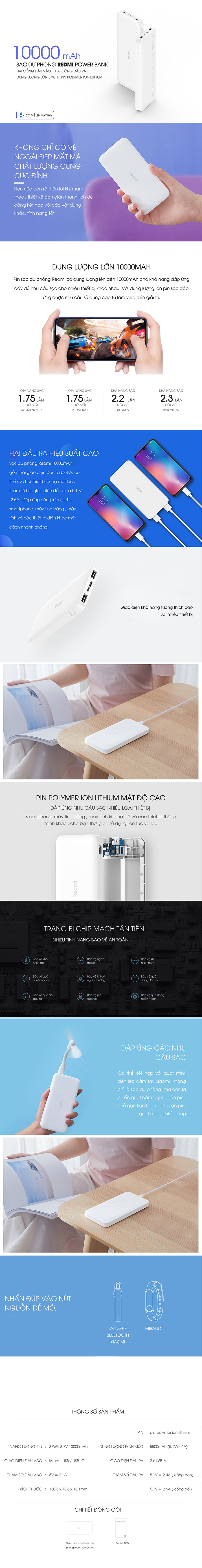 Pin Sạc Dự Phòng Xiaomi Redmi 10000mAh PB100LMZ - Hàng Chính Hãng