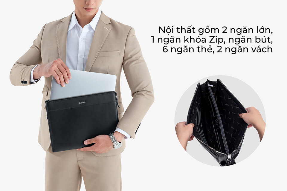 Ví Cầm Tay Nam Clutch Da GENCE CL07 Da Bò Cao Cấp Màu Đen Có Dây Đeo Vai