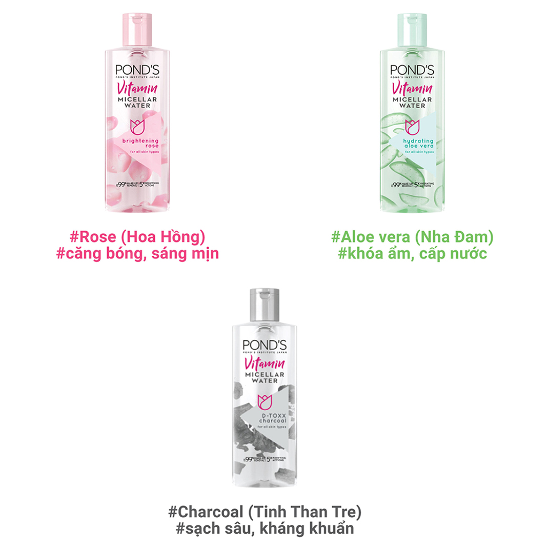 Combo 3 Nước Tẩy Trang Vitamin & Hoa Hồng Sáng Mịn Pond’S Micellar Water 100ml + Nước Tẩy Trang Vitamin & Tinh Than Tre Sạch Sâu Pond’S Micellar Water 100ml + Nước Tẩy Trang Vitamin & Nha Đam Khóa Ẩm Sáng Mịn Pond’S Micellar Water 100ml