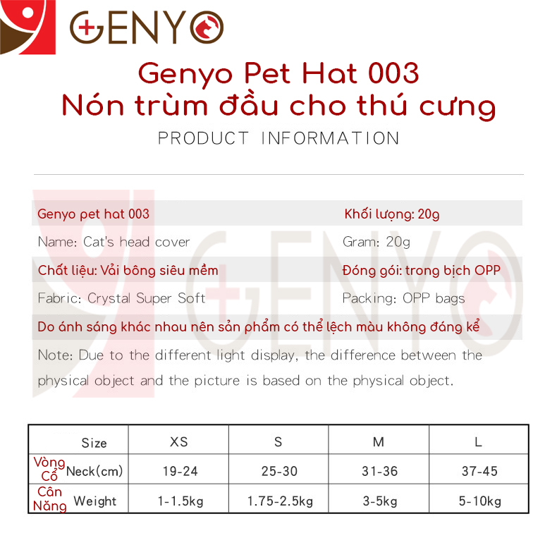 Nón trùm đầu cho thú cưng - Genyo pet hat 003 ( một cái, màu và mẫu giao ngẫu nhiên )