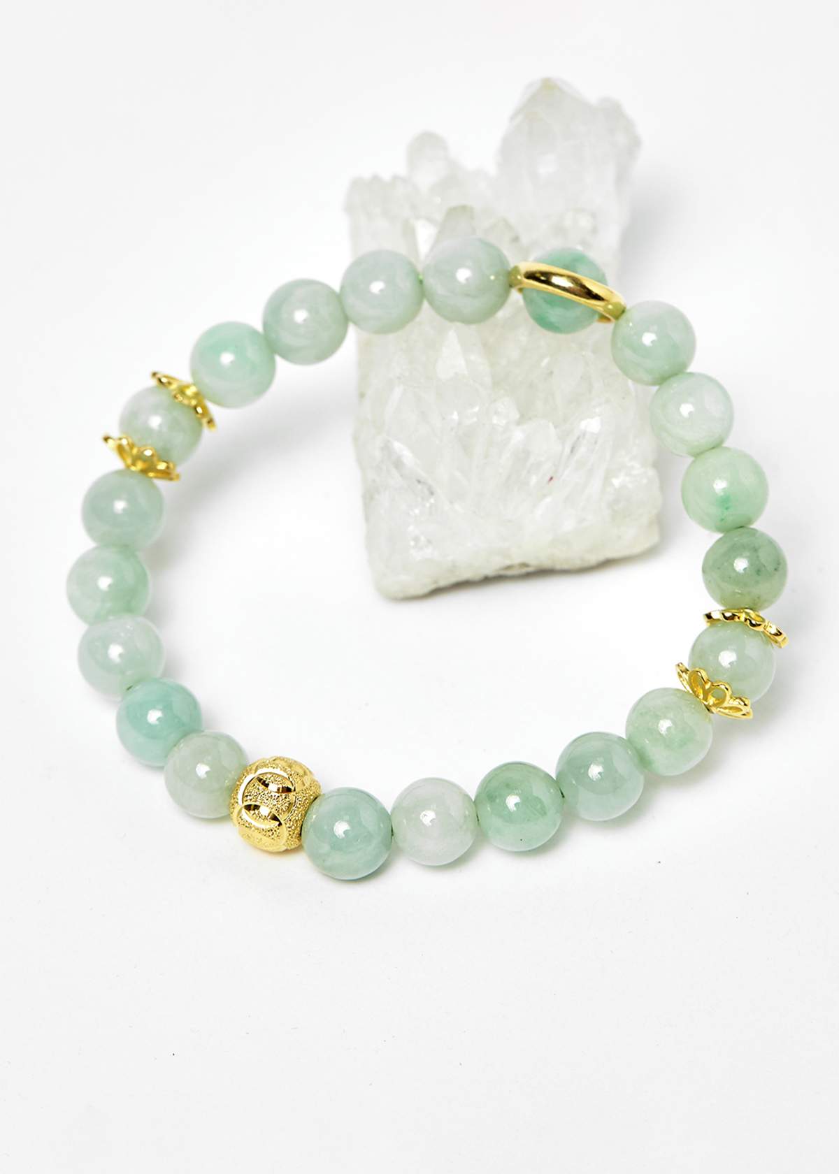 Vòng cẩm thạch phỉ thúy phối charm bạc mạ vàng 24k hạt 8mm mệnh hỏa, mộc - Ngọc Quý Gemstones