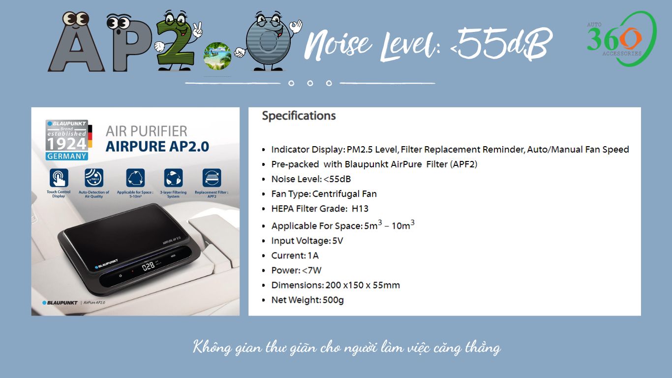 Máy lọc không khí ô tô Blaupunkt AP 2.0 không một tiếng ồn với DP<55