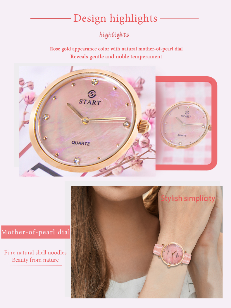 【START】đồng hồ nữ thời trang Mặt số xà cừ đồng hồ thạch anh thiết kế mỏng đồng hồ dây đai màu vàng hồng