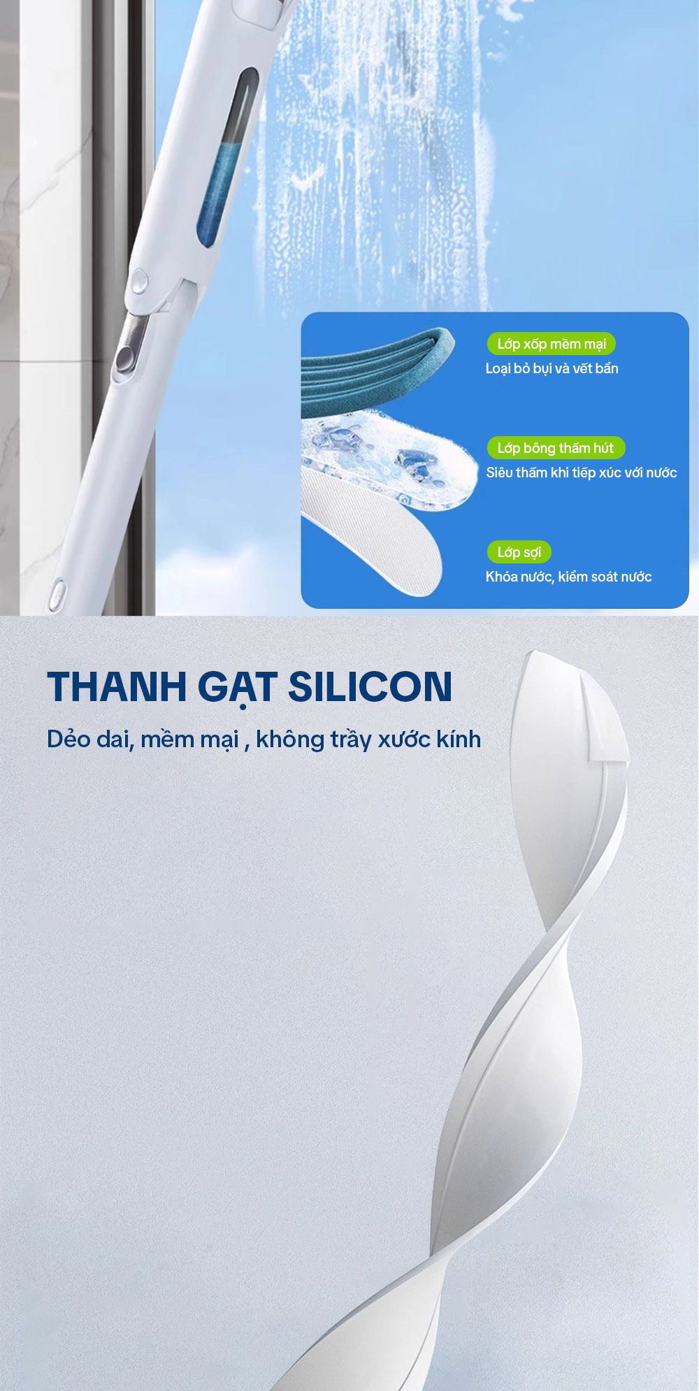 Cây lau kính, gạt chùi kính 4 trong 1, cán nhôm độ dài linh hoạt, thu nước trên kính, có phun sương Parroti Shiny SN04