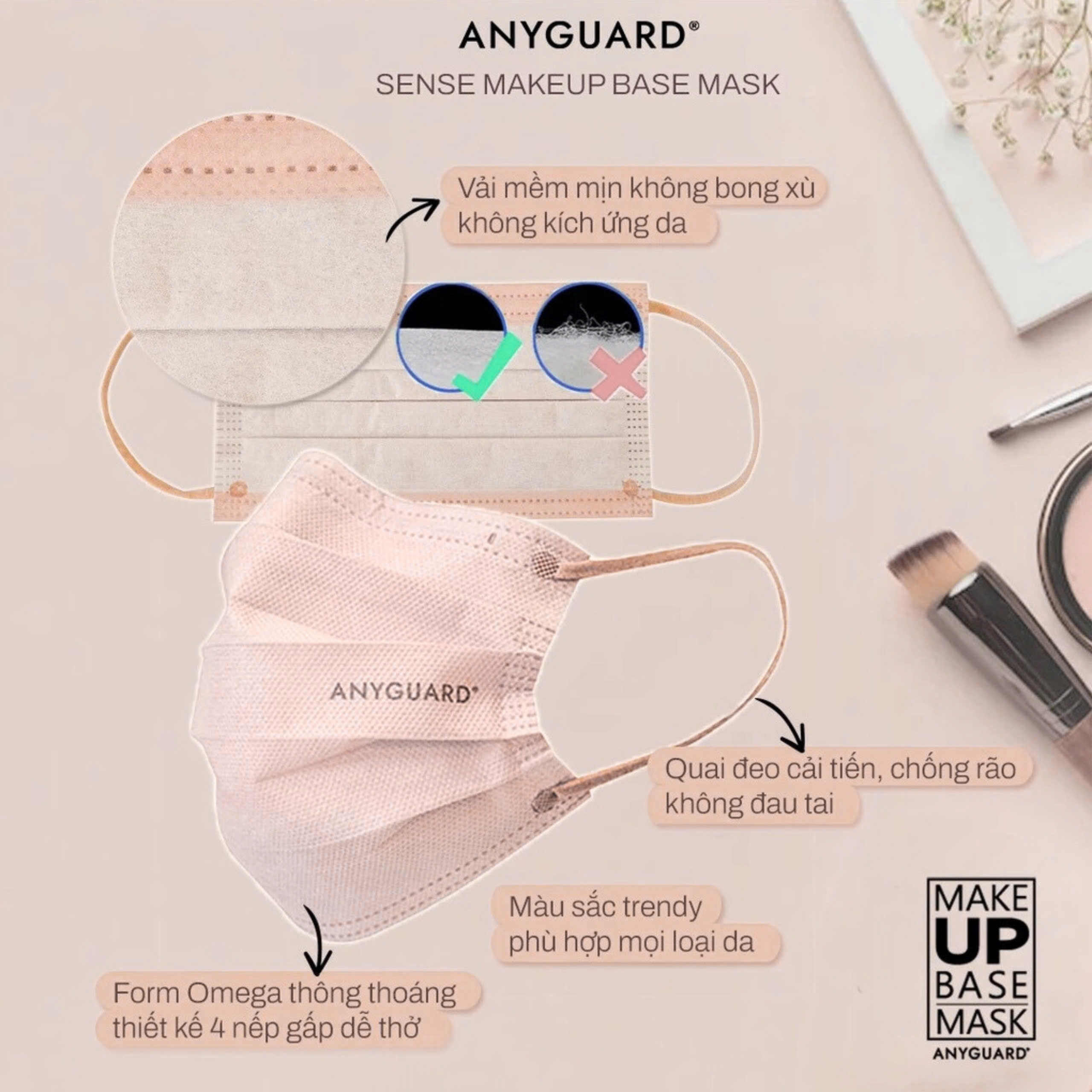 Hộp Khẩu Trang Y Tế ANYGUARD SENSE MAKE UP BASE Lọc 99% Vi Khuẩn, Màu Sắc Trendy, An Toàn Da Nhạy Cảm Dành Cho Người Lớn (Hộp 30 Chiếc Hồng Cam Đất)