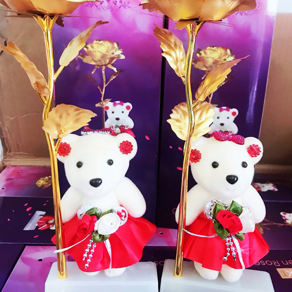 Hoa Hồng Mạ Vàng 24k Kèm Gấu Bông (Bông Màu Vàng)
