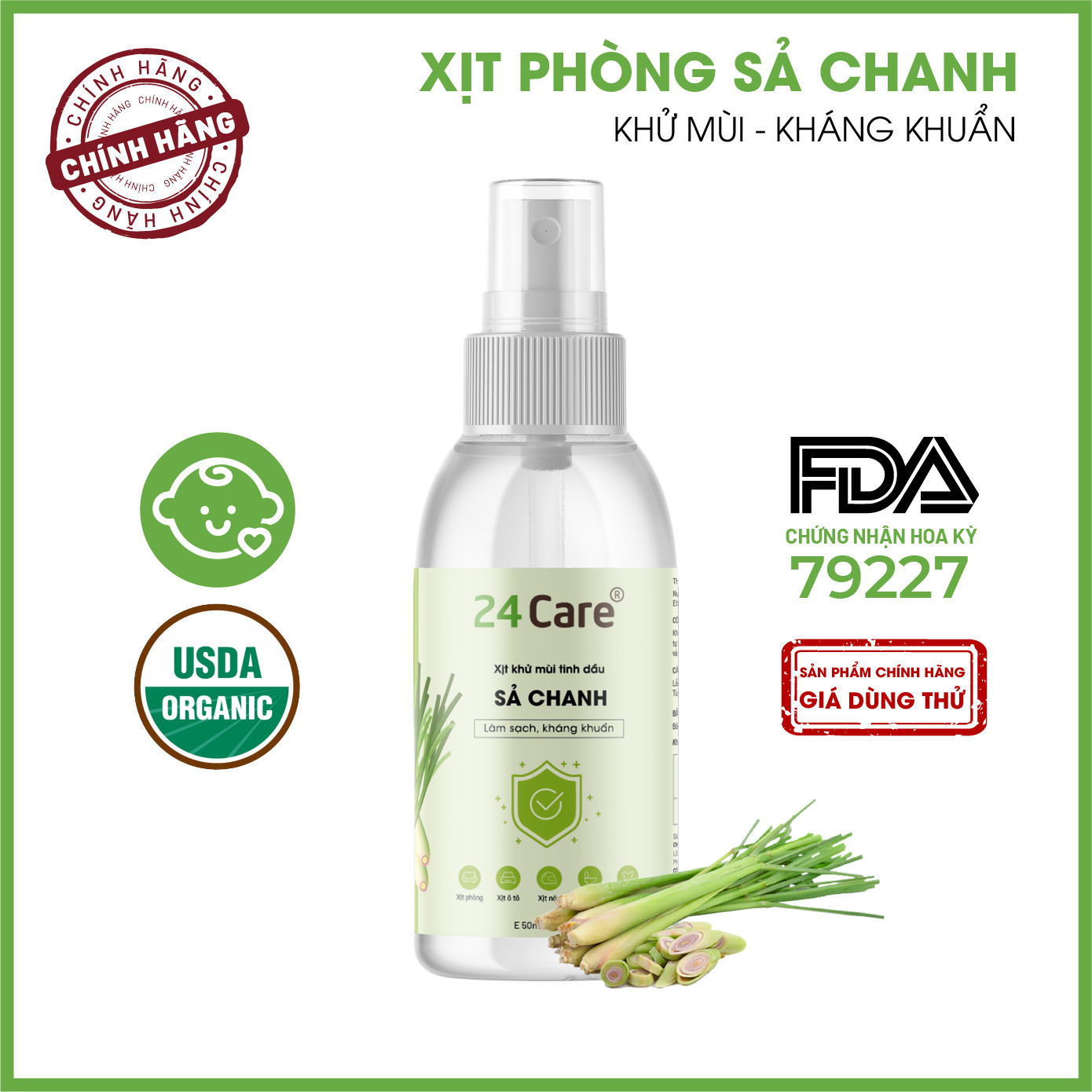 Xịt Phòng Tinh Dầu Hữu Cơ Organic 24Care - Kháng khuẩn - Khử mùi hôi - Đuổi muỗi, kiến ba khoan - côn trùng - Hương thơm thư giãn. 