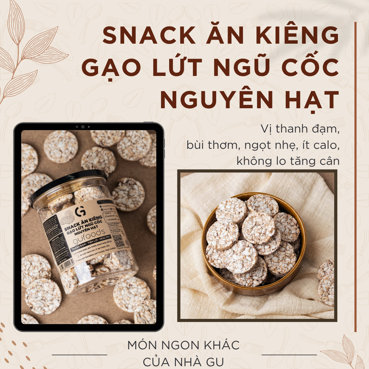 Bánh gạo lứt GUfoods - Không chiên dầu, Không đường, Từ gạo và ngũ cốc nguyên hạt, Lành mạnh, Phù hợp Eat clean, Ăn vặt healthy, Thực dưỡng, Tập gym, Thuần chay, Đa dạng hương vị (túi 300g = 30 bánh)