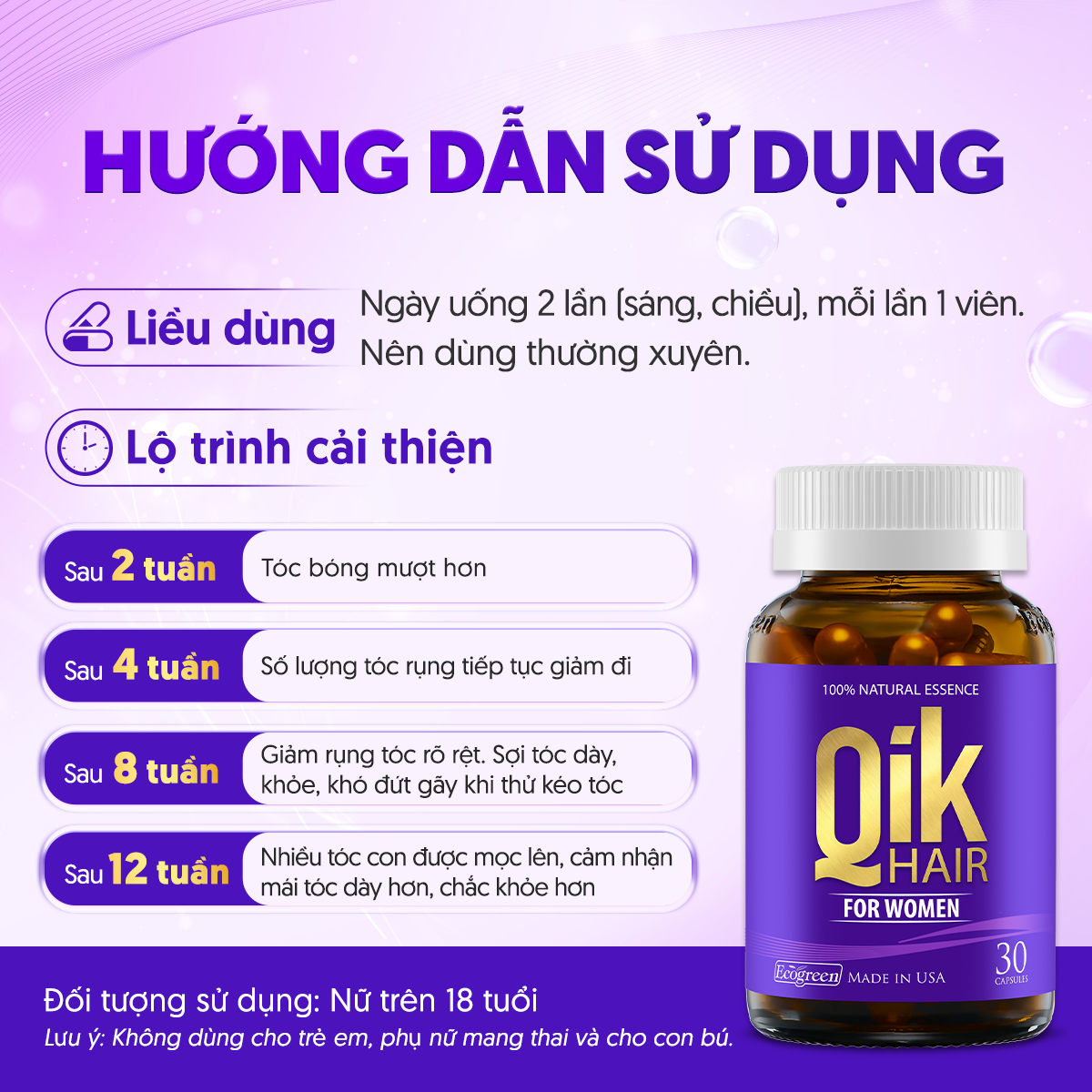 [Hộp 30v] Viên Uống Kích Thích Mọc Tóc Qik Hair For Women Ecogreen Giảm Rụng Tóc Cho Nữ