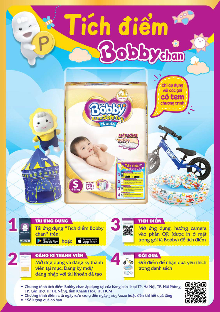 Tã Quần Siêu Mềm Bobby Extra Soft Dry Gói Siêu Lớn L-56 Miếng (9-13kg) - Có Tem Tích Điểm Tã Quần Siêu Mềm Bobby Extra Soft Dry Gói Siêu Lớn L-56 Miếng (9-13kg) - Có Tem Tích Điểm
