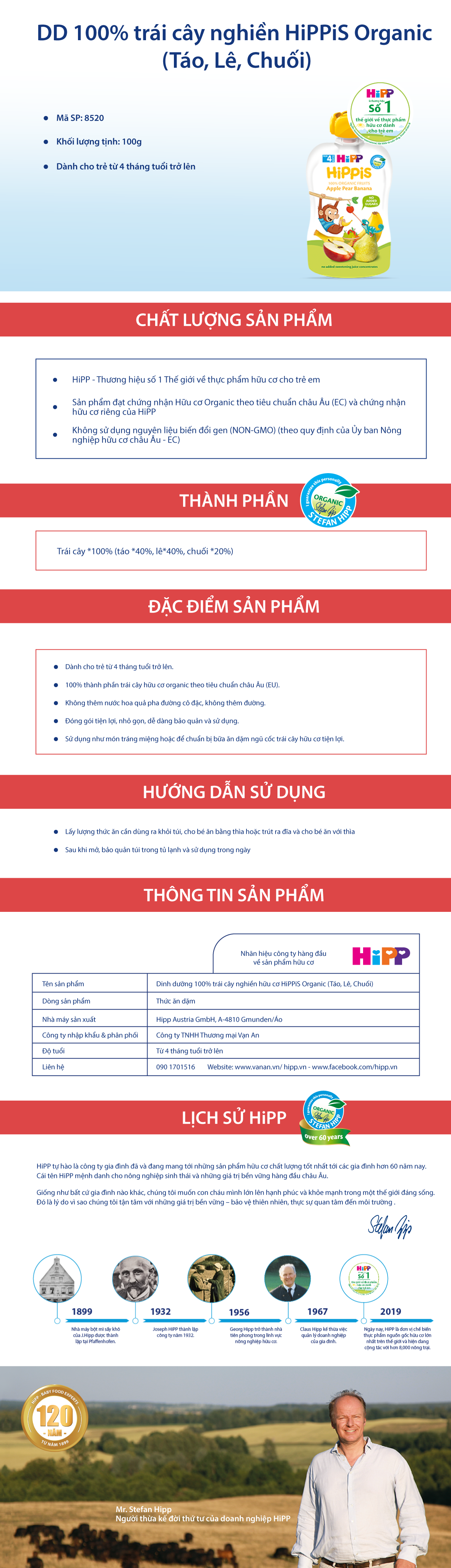 Trái Cây Nghiền Hữu Cơ HiPPiS Organic Táo, Lê, Chuối - 8520 (100g)