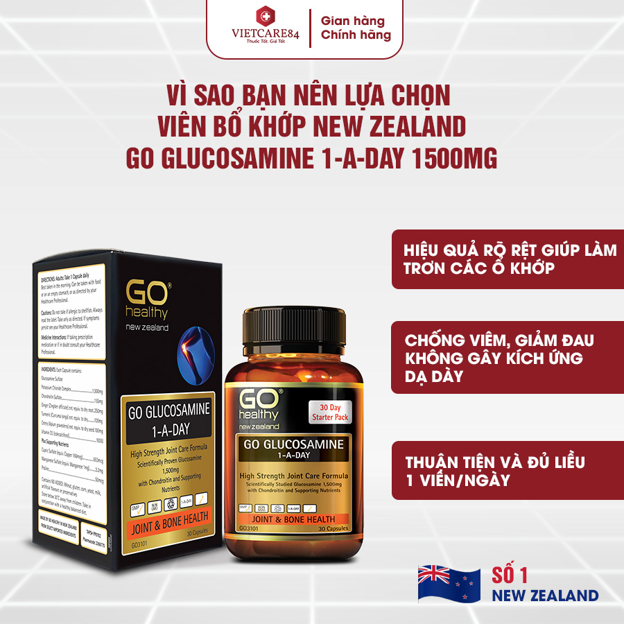 Viên uống bổ xương khớp nhập khẩu chính hãng New Zealand GO GLUCOSAMINE 1-A-DAY 1500mg (30 viên) hỗ trợ tăng dịch khớp, giảm tình trạng thoái hóa khớp, khô khớp, cứng khớp; nuôi dưỡng xương sụn khớp khỏe mạnh