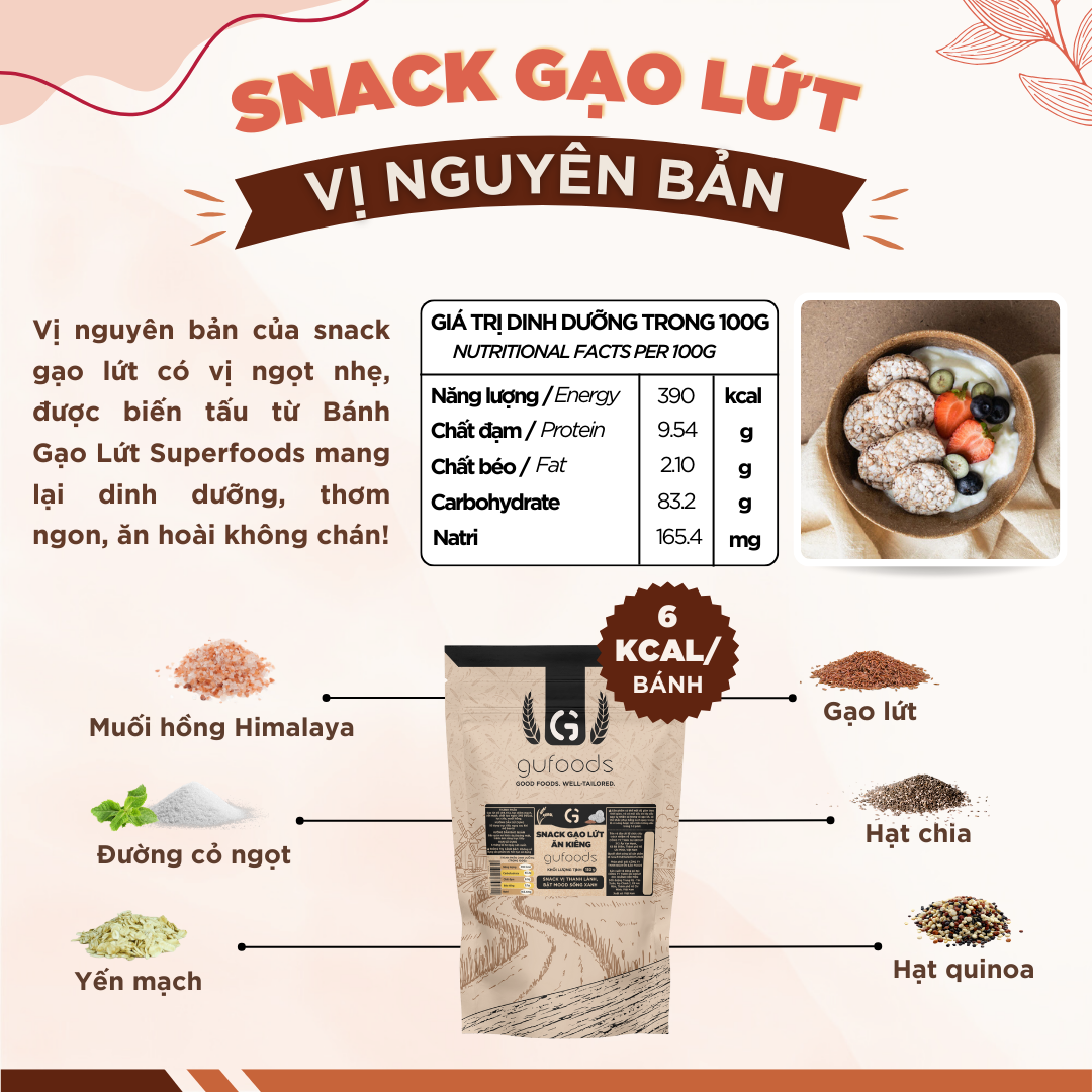 Snack gạo lứt ngũ cốc nguyên hạt GUfoods - Không chiên dầu, Đa dạng hương vị, Thanh đạm, Lành mạnh, Phù hợp Eat clean, Ăn vặt healthy, Tiện lợi, Thuần chay