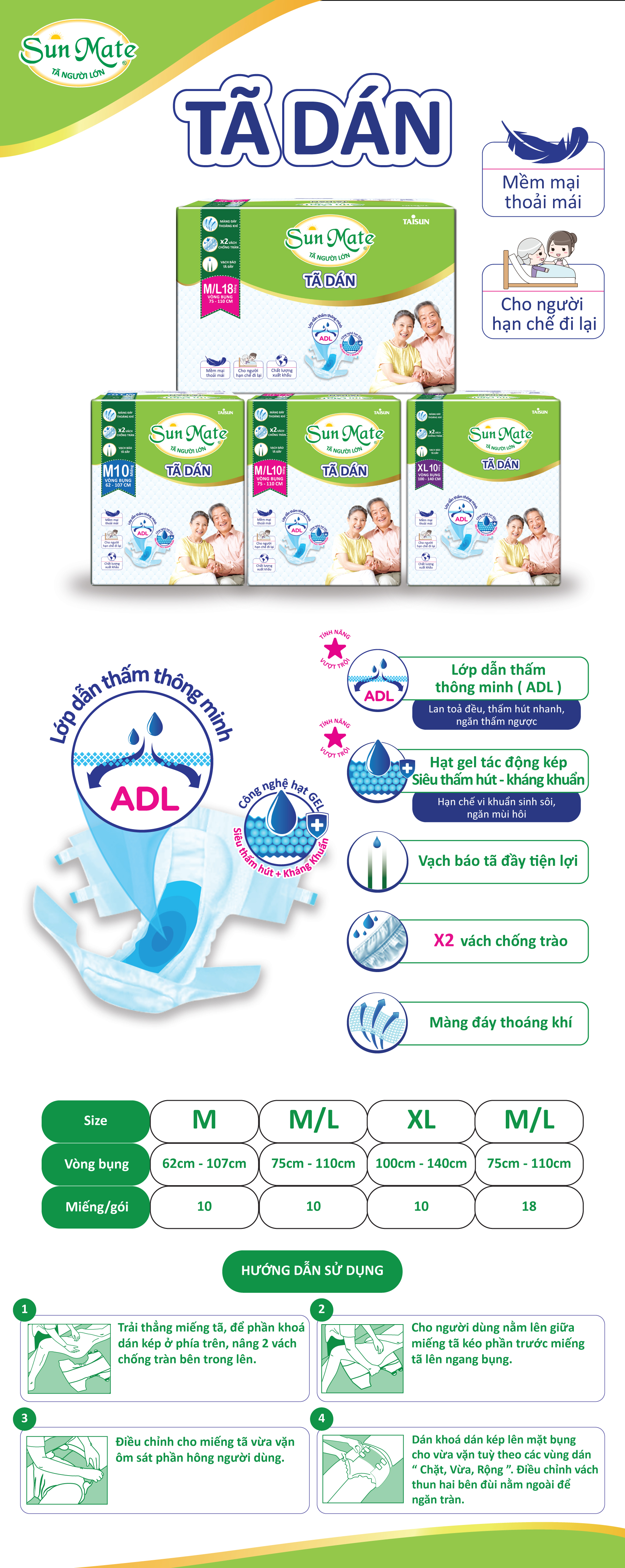 Combo 2 Gói Tã Quần Người Lớn Sunmate Khô Thoáng L7 (7 Miếng/ Gói)