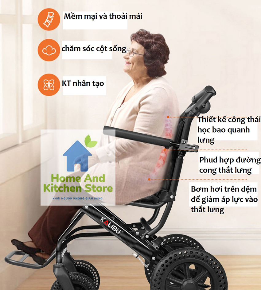 Xe đẩy người già gấp gọn, Xe lăn gấp gọn KALIBU - xe lăn du lịch gấp gọn xách tay siêu nhẹ phù hợp cho người già, người khuyết tật, người bị tai biến