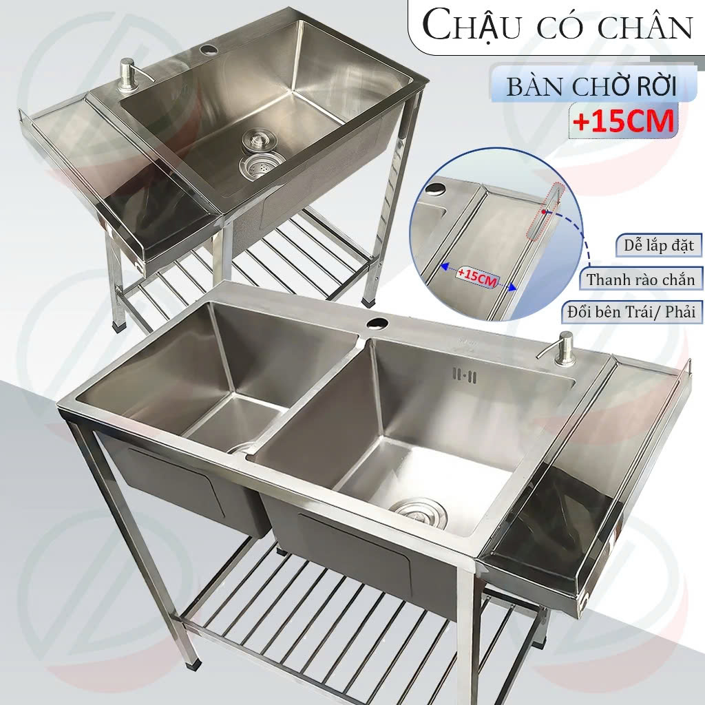 COMBO Chậu Rửa Chén Bát Có Chân Lắp Thêm Bàn Chờ Nhiều Kích Thước - Tặng bộ đầu hút nước rửa chén tiện lợi