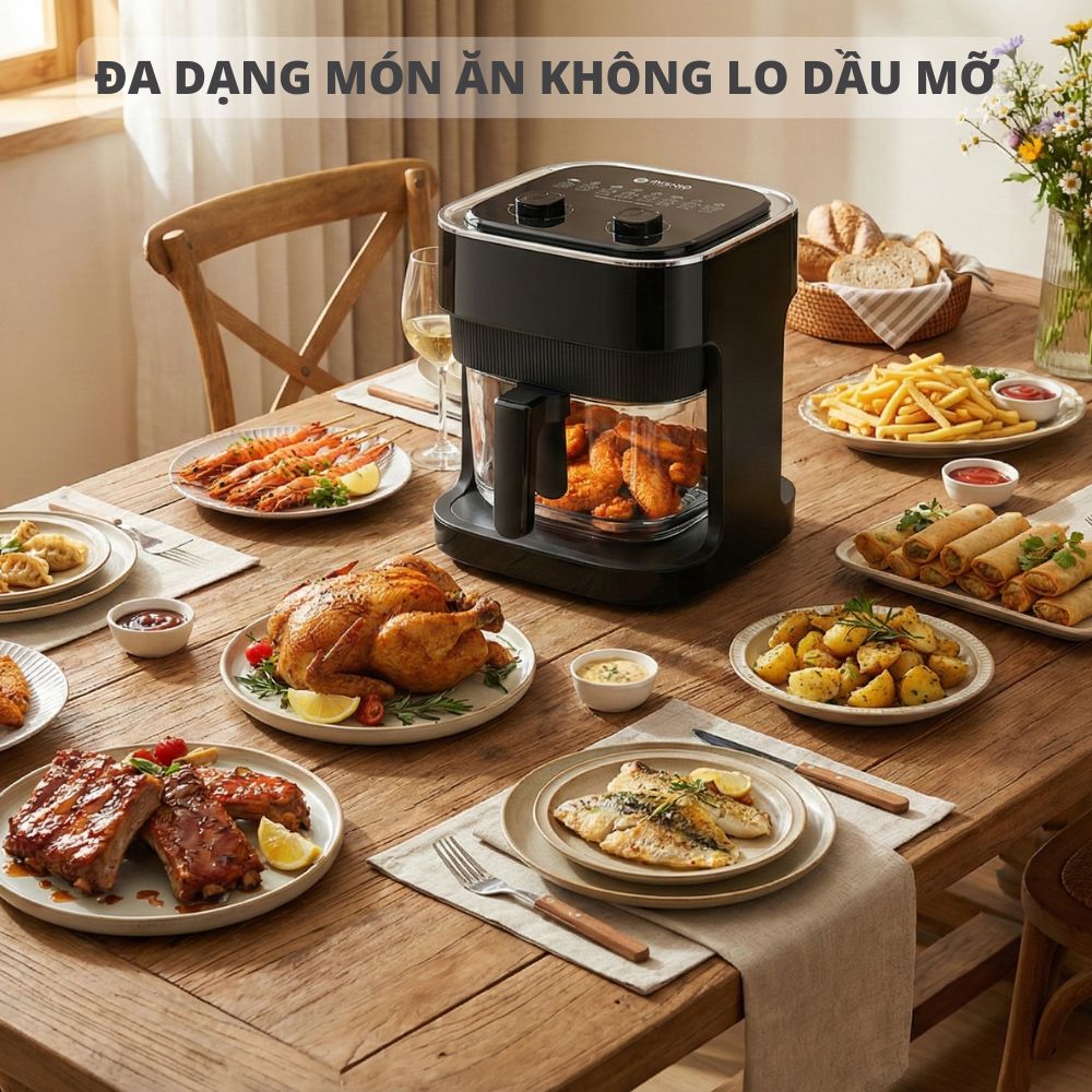 Nồi chiên không dầu thủy tinh Mishio MK373 - Dung tích 7 lít lòng nồi không bong tróc gỉ sét - Hàng chính hãng
