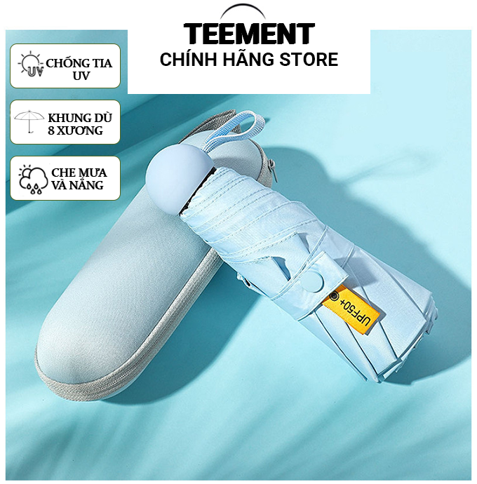 Ô Dù Gấp Gọn Mini Teement 19cm, Dù Che Mưa, Dù Chống Tia Uv Mini Siêu Gọn 8 Xương, Có Hộp Đựng Chống Sốc - Hàng Chính Hãng