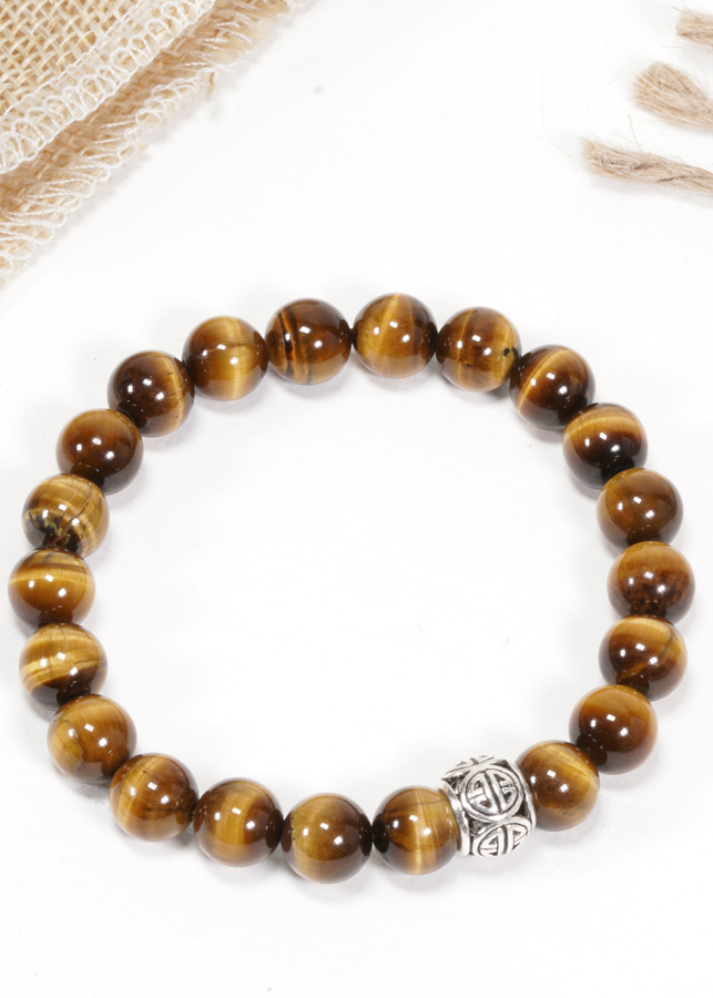 Vòng thạch anh mắt hổ vàng nâu phối charm bạc (8mm) Ngọc Quý Gemstones