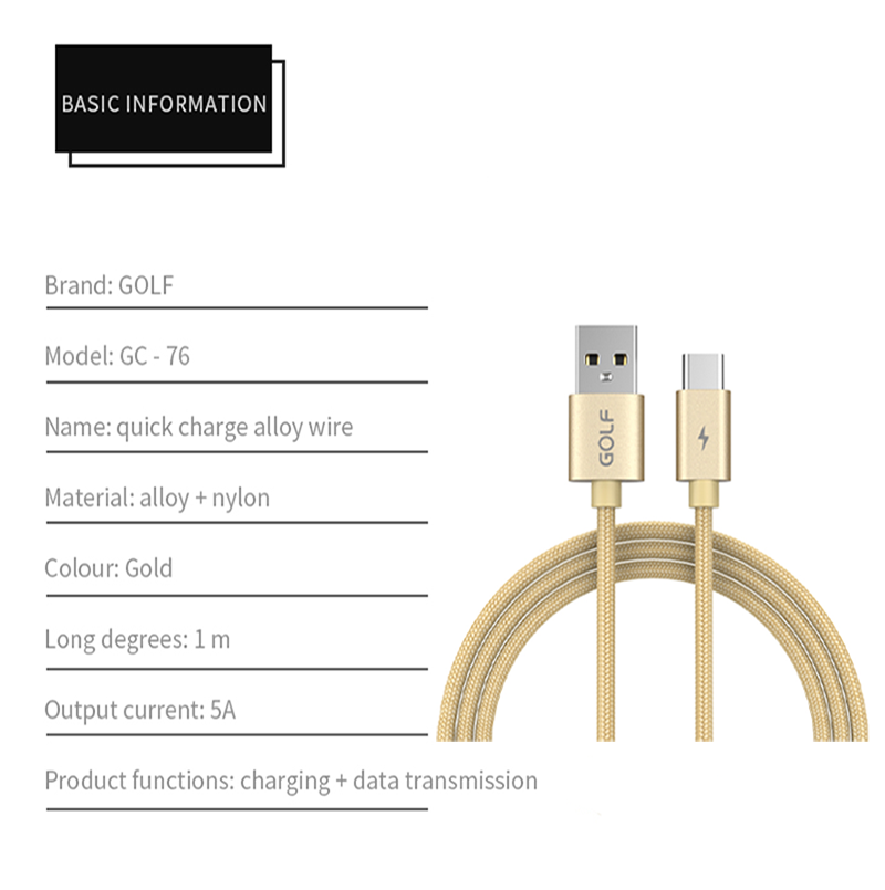 Cáp sạc nhanh 5A Type-C Golf GC76 chiều dài 1m - Hàng chính hãng - Dây cáp  sạc USB Type-C 