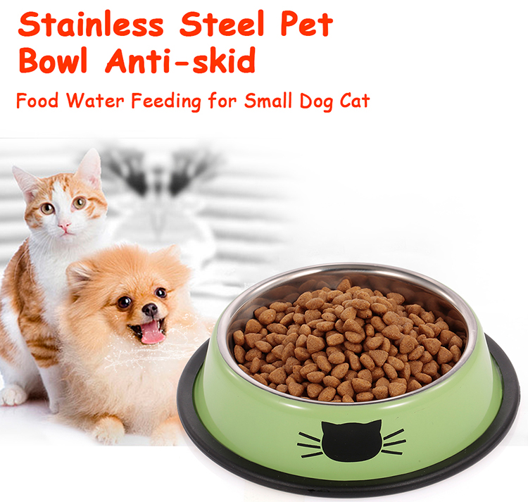 Stainless Steel Pet Bowl Anti-skid Dish Bowl with Cute Cats Painted Food Water Feeding Feeder Bowl for Small Dogs Cats