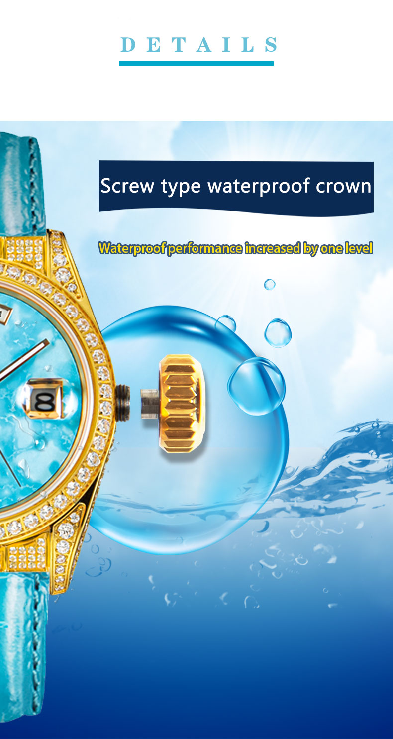 【START】Đồng hồ nam đá ngọc lam tự nhiên（Turquoise）đồng hồ kim cương chức năng hiển thị thứ ngày  đồng hồ cơ tự động dây da cá sấu Khóa bướm