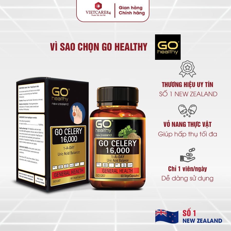 Viên gout nhập khẩu chính hãng New Zealand GO CELERY 16000mg (60 viên) giúp giảm các triệu chứng bệnh gút: giảm uric axit, làm giảm triệu chứng sưng đau do gut