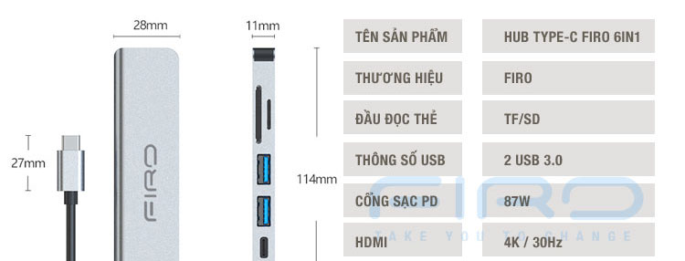 Hub Type-C To HDMI 6in1 FIRO - HUB Type C FIRO - HUB USB 3.0 FIRO