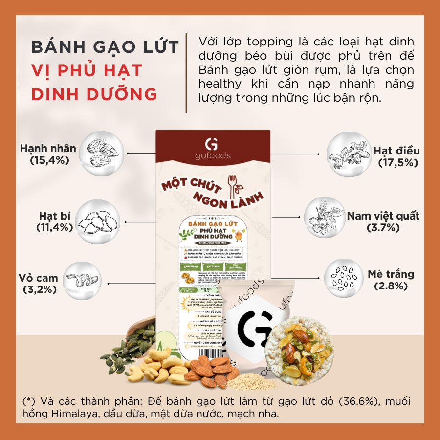 Bánh gạo lứt GUfoods (300g) - Không chiên dầu, Không đường, Từ gạo và ngũ cốc nguyên hạt, Lành mạnh, Phù hợp Eat clean, Ăn vặt healthy, Thực dưỡng, Tập gym, Thuần chay, Đa dạng hương vị